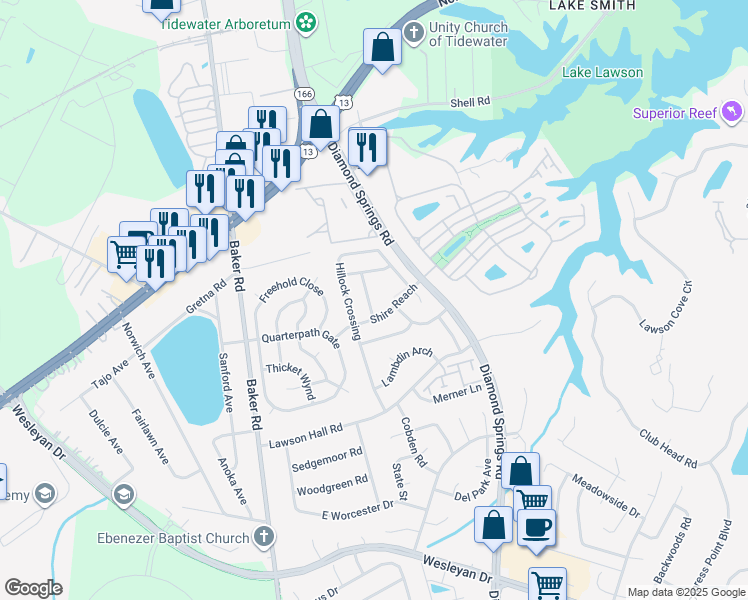map of restaurants, bars, coffee shops, grocery stores, and more near 1111 Gleaning Close in Virginia Beach