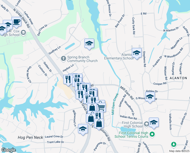 map of restaurants, bars, coffee shops, grocery stores, and more near 1512 Mill Dam Road in Virginia Beach
