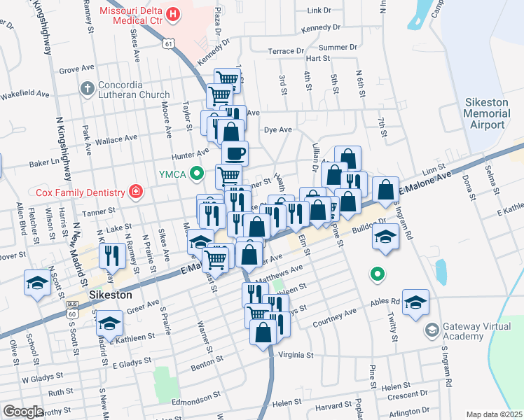 map of restaurants, bars, coffee shops, grocery stores, and more near 829 Lake Street in Sikeston