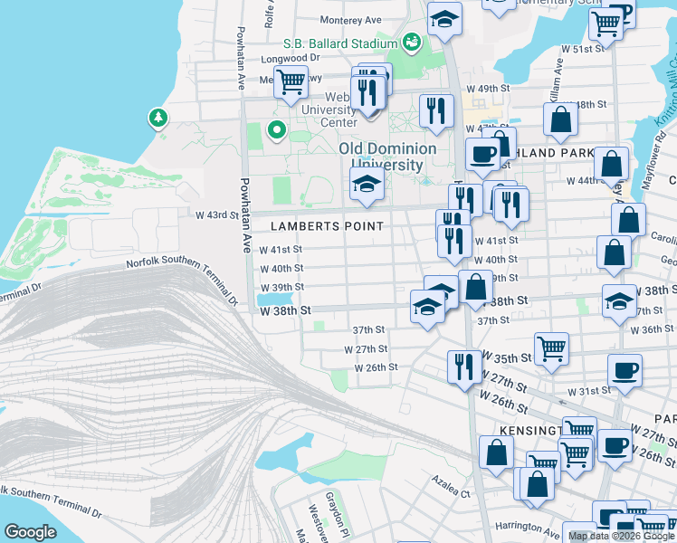 map of restaurants, bars, coffee shops, grocery stores, and more near 1405 West 40th Street in Norfolk