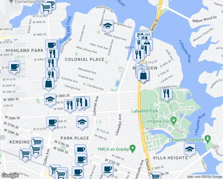 map of restaurants, bars, coffee shops, grocery stores, and more near 3719 Llewellyn Avenue in Norfolk