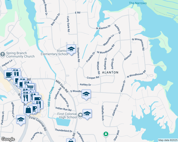 map of restaurants, bars, coffee shops, grocery stores, and more near 1409 Cooper Circle in Virginia Beach