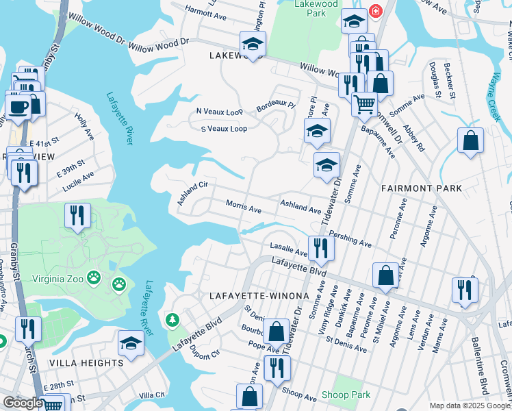 map of restaurants, bars, coffee shops, grocery stores, and more near in Norfolk