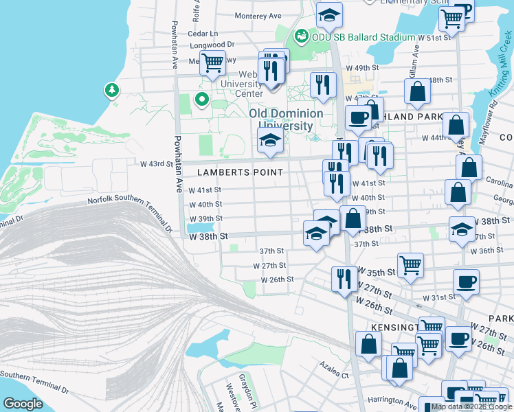 map of restaurants, bars, coffee shops, grocery stores, and more near 3901 Elkhorn Avenue in Norfolk