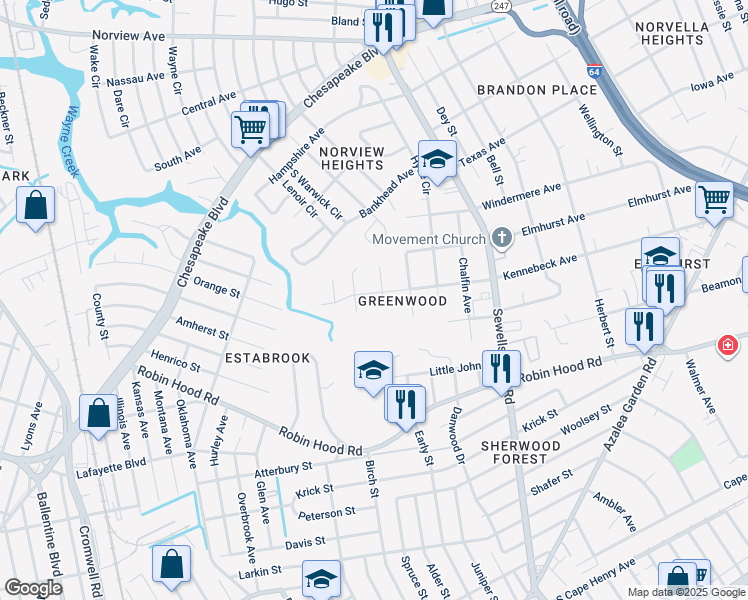 map of restaurants, bars, coffee shops, grocery stores, and more near 4583 Kennebeck Avenue in Norfolk