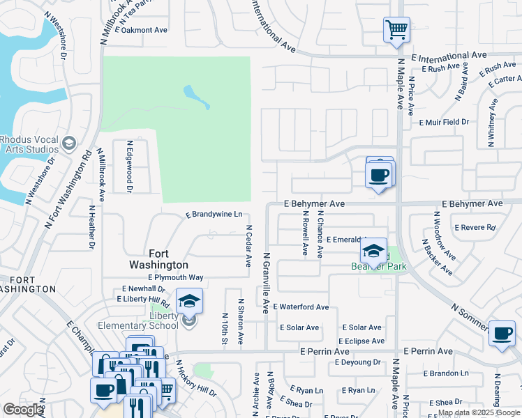 map of restaurants, bars, coffee shops, grocery stores, and more near 9909 North Boyd Avenue in Fresno
