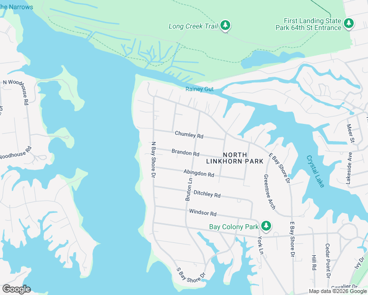 map of restaurants, bars, coffee shops, grocery stores, and more near 1109 Brandon Road in Virginia Beach