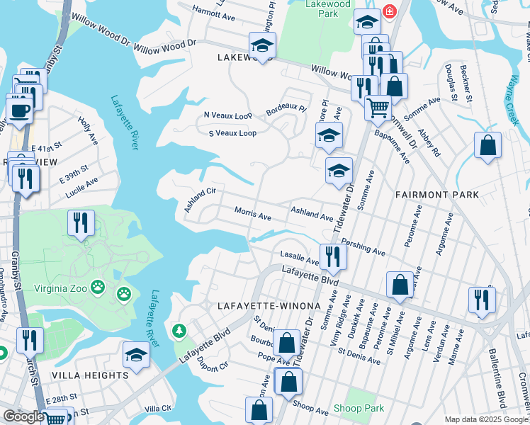 map of restaurants, bars, coffee shops, grocery stores, and more near in Norfolk