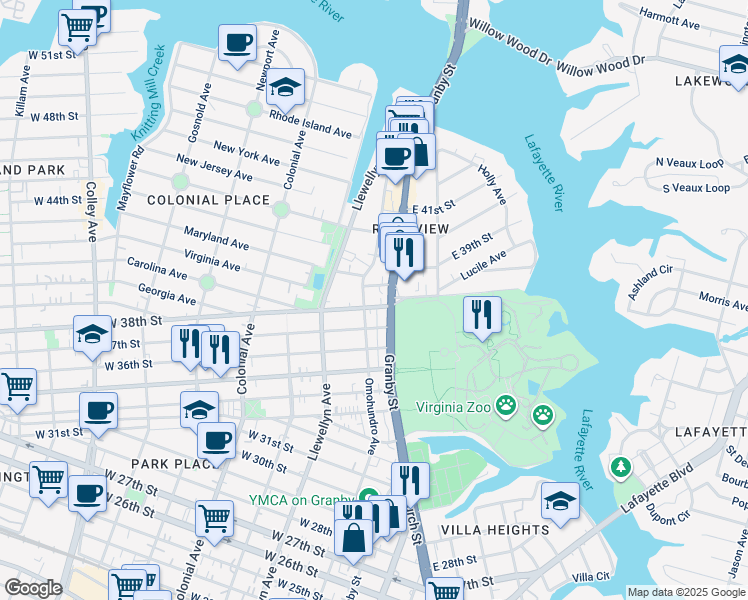 map of restaurants, bars, coffee shops, grocery stores, and more near 3721 Granby Street in Norfolk