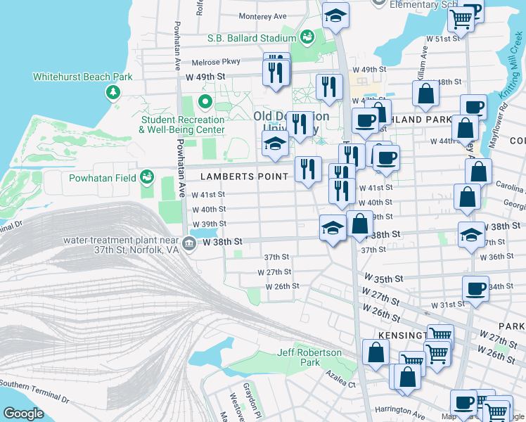 map of restaurants, bars, coffee shops, grocery stores, and more near 3901 Elkhorn Avenue in Norfolk