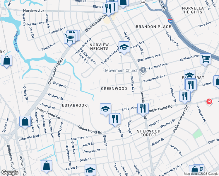 map of restaurants, bars, coffee shops, grocery stores, and more near 3154 Kirkland Avenue in Norfolk
