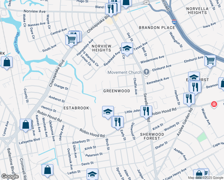 map of restaurants, bars, coffee shops, grocery stores, and more near 3154 Kirkland Avenue in Norfolk