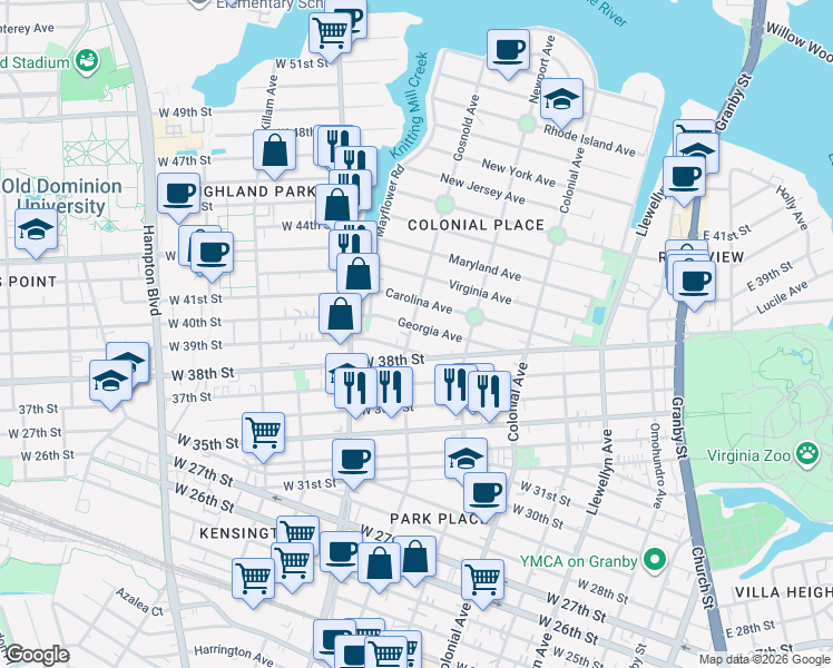 map of restaurants, bars, coffee shops, grocery stores, and more near 3916 Gosnold Avenue in Norfolk