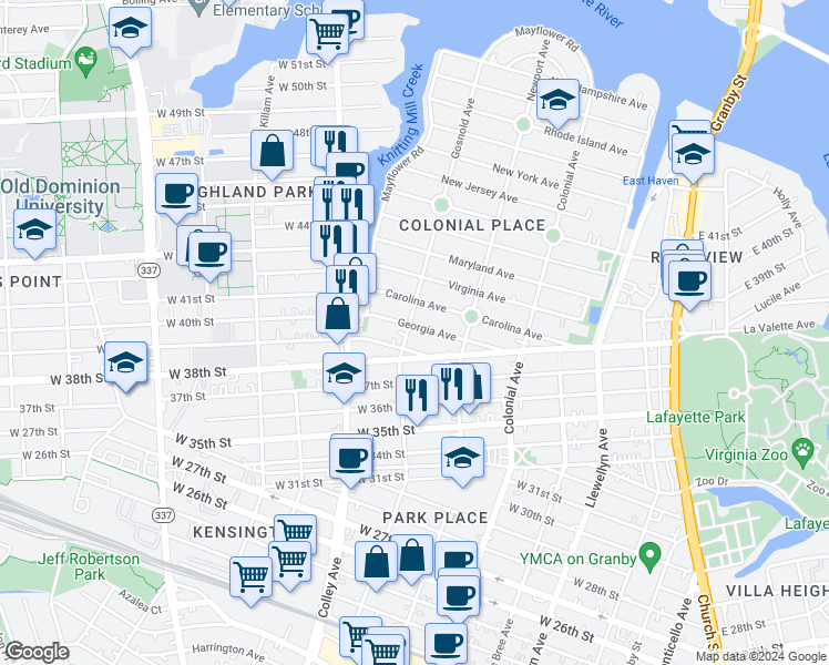 map of restaurants, bars, coffee shops, grocery stores, and more near 3916 Gosnold Avenue in Norfolk