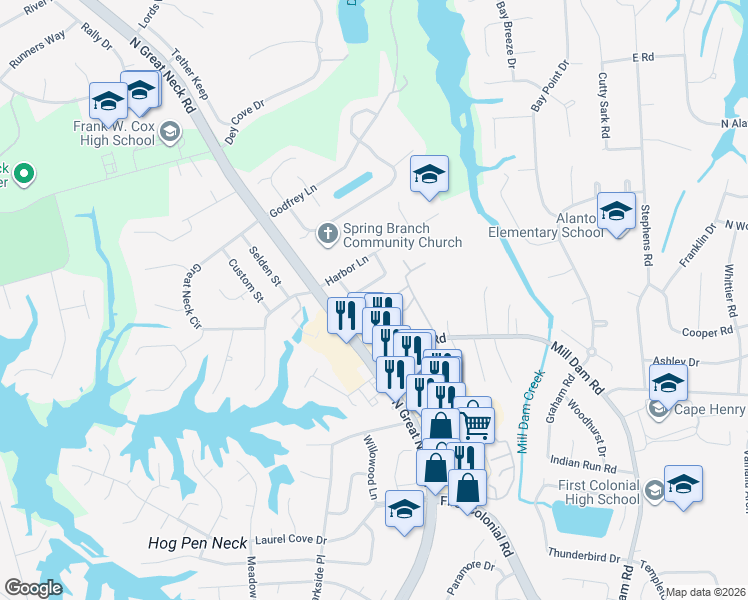 map of restaurants, bars, coffee shops, grocery stores, and more near 1432 North Great Neck Road in Virginia Beach