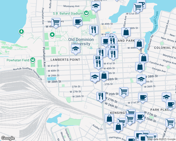 map of restaurants, bars, coffee shops, grocery stores, and more near 1256 West 39th Street in Norfolk