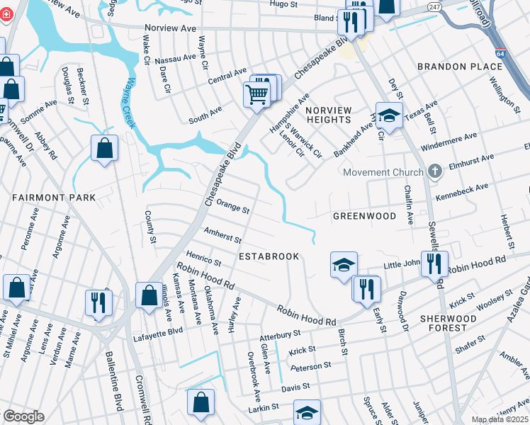 map of restaurants, bars, coffee shops, grocery stores, and more near 3714 Orange Street in Norfolk