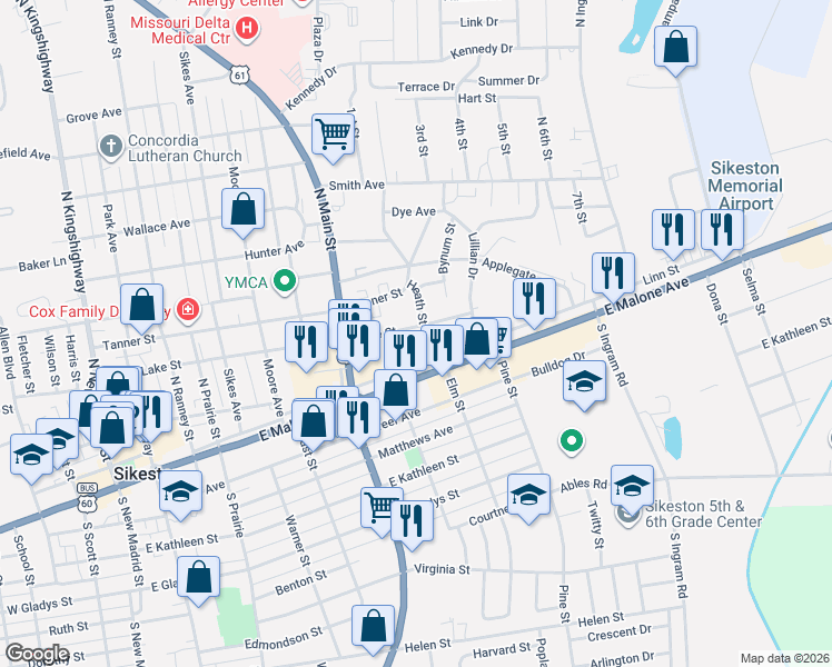 map of restaurants, bars, coffee shops, grocery stores, and more near 842 Linn Street in Sikeston