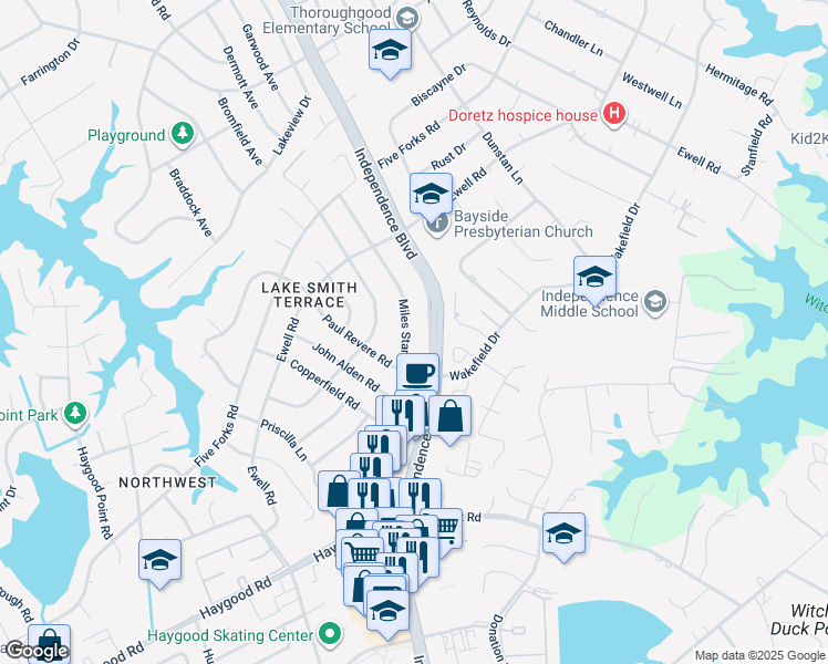 map of restaurants, bars, coffee shops, grocery stores, and more near 4616 Miles Standish Road in Virginia Beach