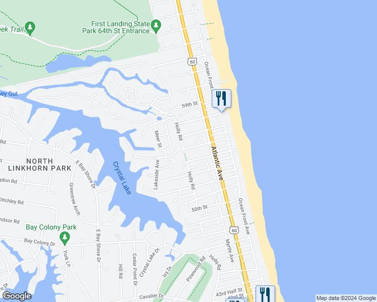 map of restaurants, bars, coffee shops, grocery stores, and more near 220 55th Street in Virginia Beach