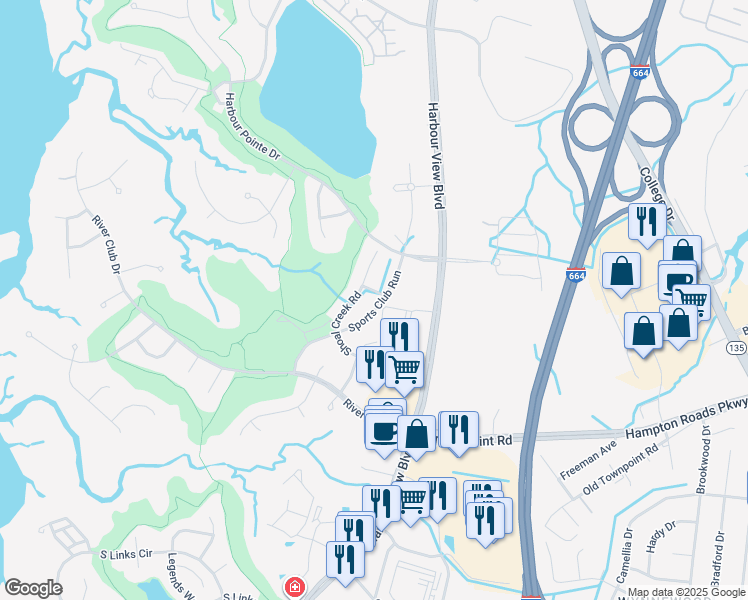 map of restaurants, bars, coffee shops, grocery stores, and more near 5333 Sports Club Run in Suffolk