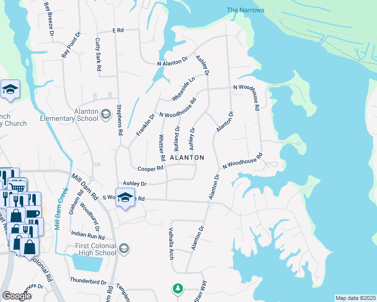 map of restaurants, bars, coffee shops, grocery stores, and more near 1417 Ashley Drive in Virginia Beach