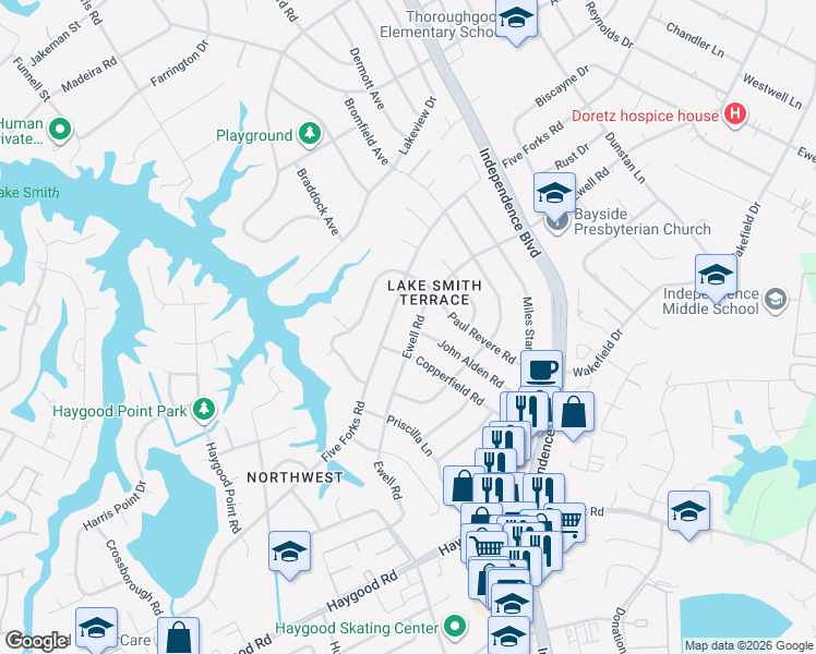 map of restaurants, bars, coffee shops, grocery stores, and more near 4653 John Alden Road in Virginia Beach