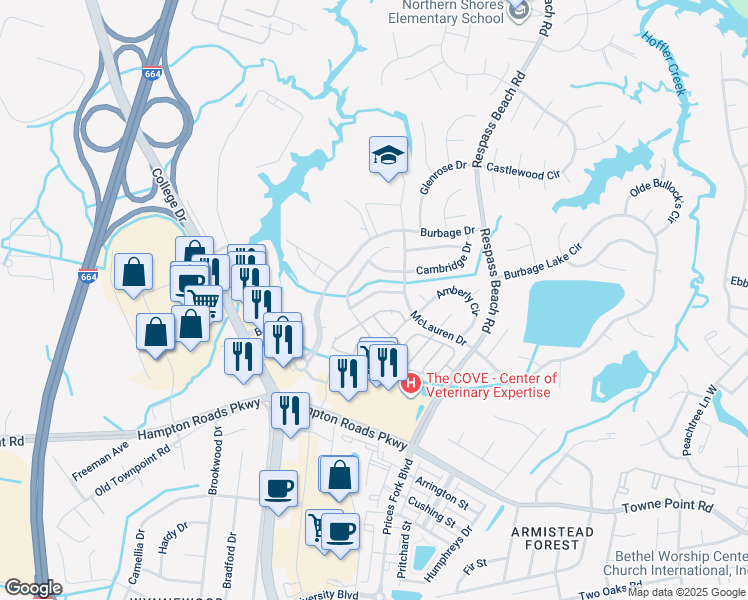 map of restaurants, bars, coffee shops, grocery stores, and more near 6225 Heather Glen Drive in Suffolk