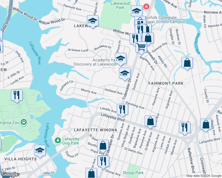 map of restaurants, bars, coffee shops, grocery stores, and more near 1724 Morris Avenue in Norfolk