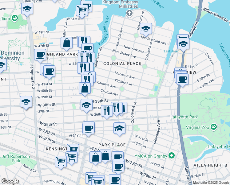 map of restaurants, bars, coffee shops, grocery stores, and more near 624 Michigan Avenue in Norfolk