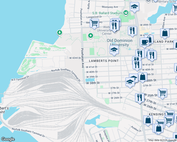 map of restaurants, bars, coffee shops, grocery stores, and more near 1522 West 39th Street in Norfolk