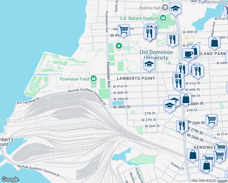 map of restaurants, bars, coffee shops, grocery stores, and more near 3906 Powhatan Avenue in Norfolk