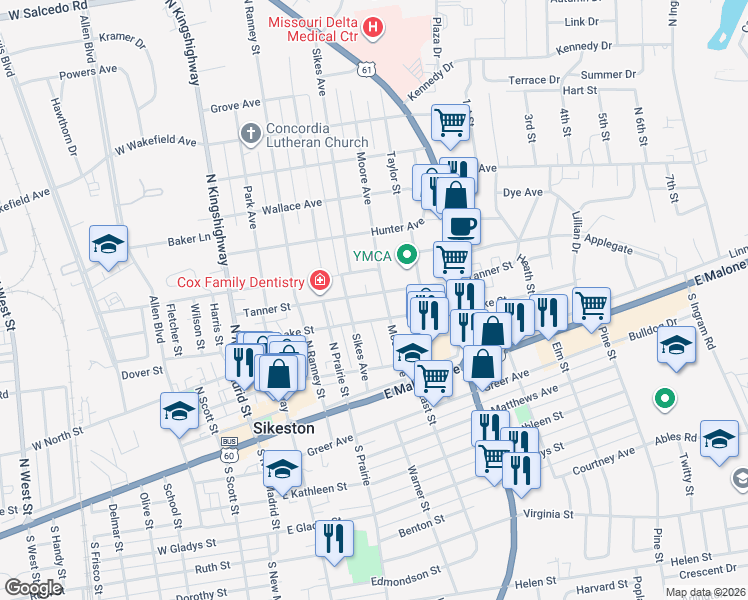 map of restaurants, bars, coffee shops, grocery stores, and more near 304 Sikes Avenue in Sikeston