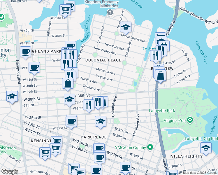 map of restaurants, bars, coffee shops, grocery stores, and more near 527 Carolina Avenue in Norfolk