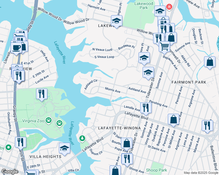 map of restaurants, bars, coffee shops, grocery stores, and more near 1534 Morris Avenue in Norfolk