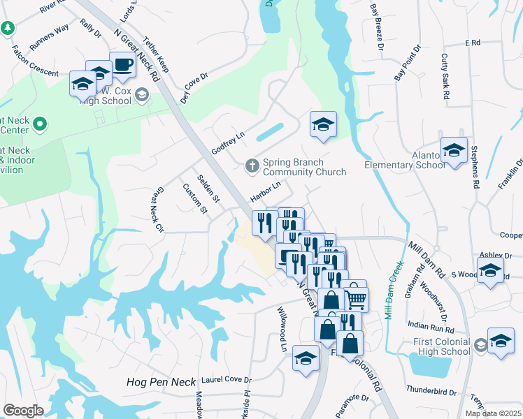 map of restaurants, bars, coffee shops, grocery stores, and more near 1470 North Great Neck Road in Virginia Beach