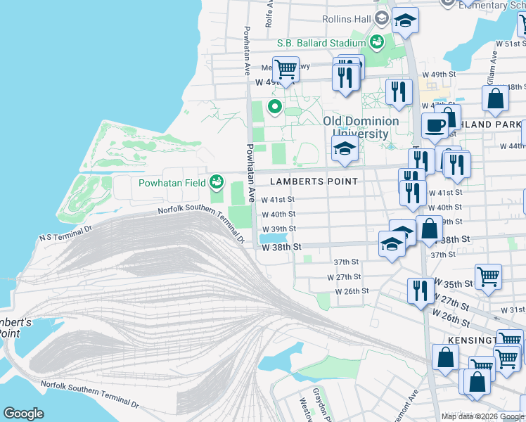 map of restaurants, bars, coffee shops, grocery stores, and more near 3906 Powhatan Avenue in Norfolk