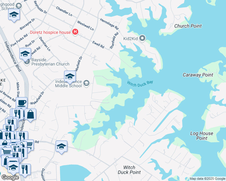 map of restaurants, bars, coffee shops, grocery stores, and more near 4105 White Acres Road in Virginia Beach