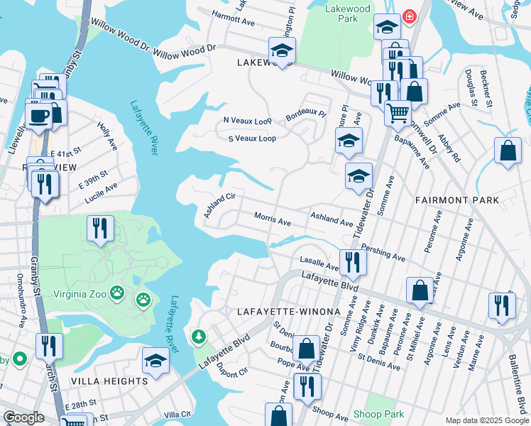 map of restaurants, bars, coffee shops, grocery stores, and more near 1534 Morris Avenue in Norfolk