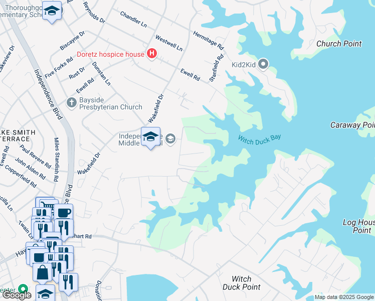 map of restaurants, bars, coffee shops, grocery stores, and more near 4208 White Acres Court in Virginia Beach