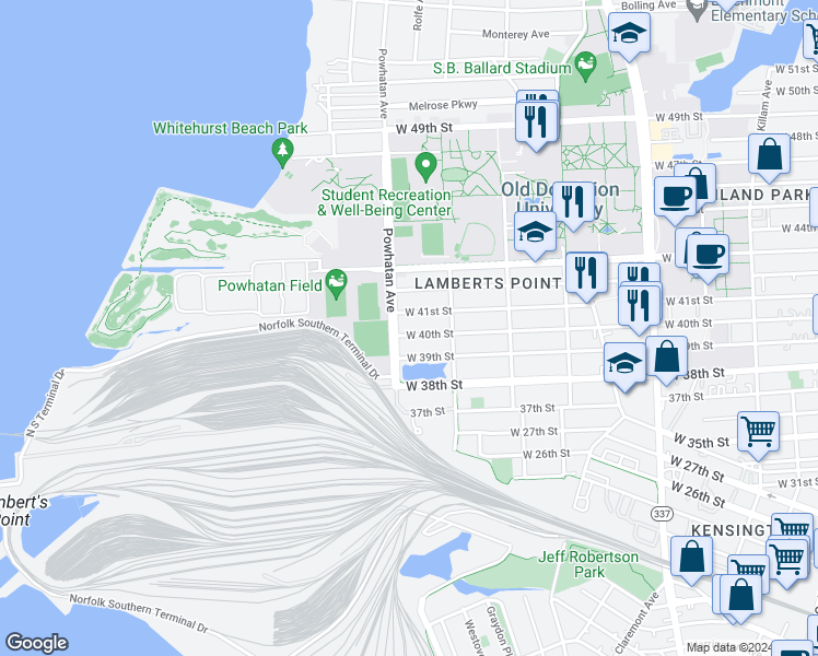 map of restaurants, bars, coffee shops, grocery stores, and more near 1536 West 40th Street in Norfolk
