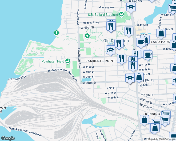 map of restaurants, bars, coffee shops, grocery stores, and more near 1522 West 39th Street in Norfolk