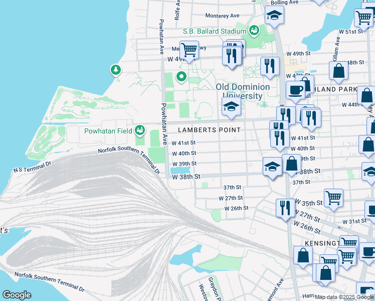 map of restaurants, bars, coffee shops, grocery stores, and more near 1510 West 40th Street in Norfolk