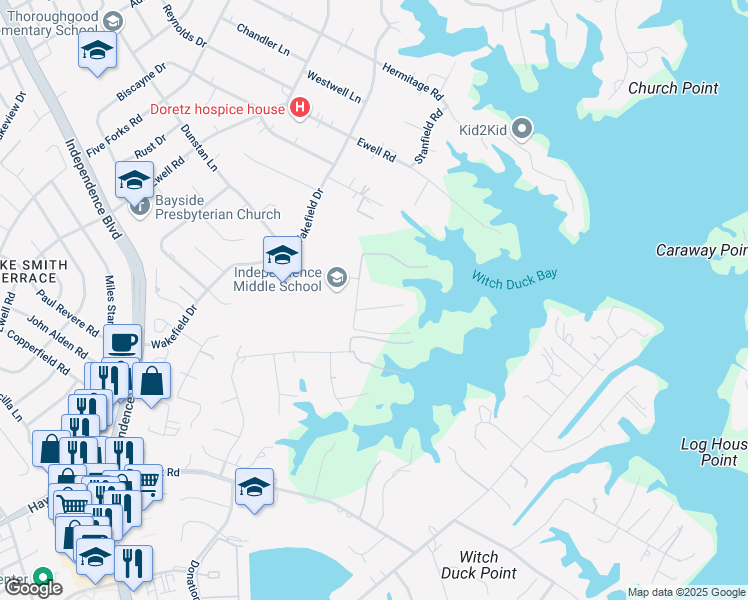 map of restaurants, bars, coffee shops, grocery stores, and more near 4208 White Acres Court in Virginia Beach