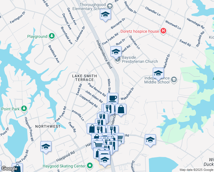 map of restaurants, bars, coffee shops, grocery stores, and more near 4608 Miles Standish Road in Virginia Beach