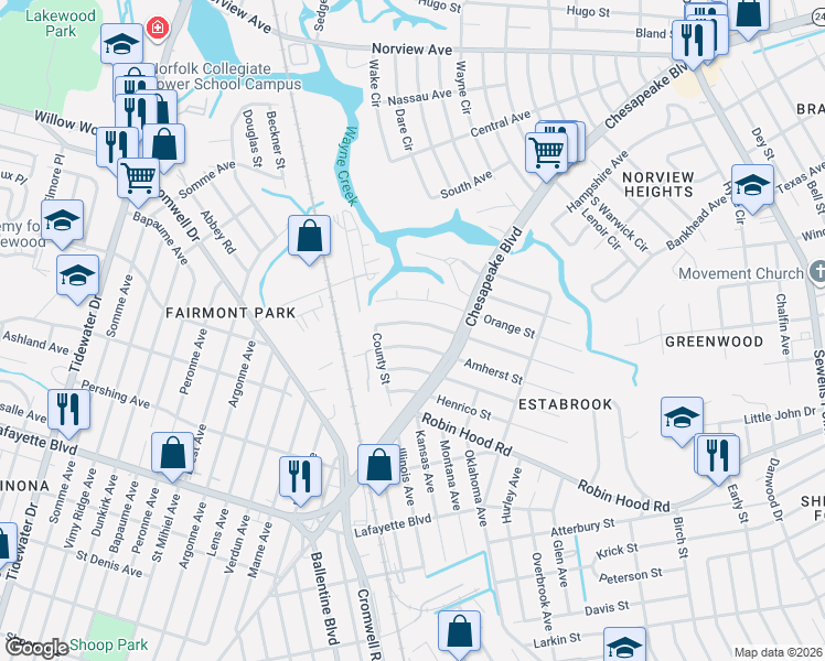 map of restaurants, bars, coffee shops, grocery stores, and more near 3535 Amherst Street in Norfolk