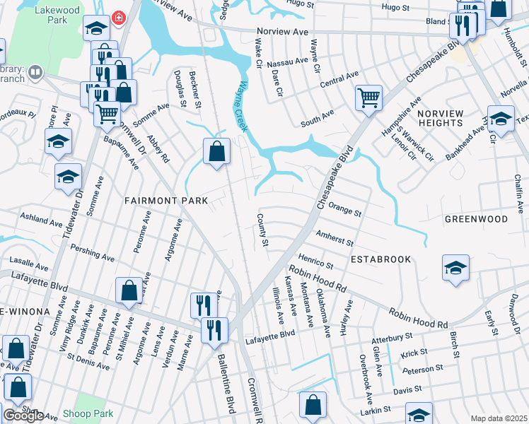map of restaurants, bars, coffee shops, grocery stores, and more near 3505 Buckingham Street in Norfolk
