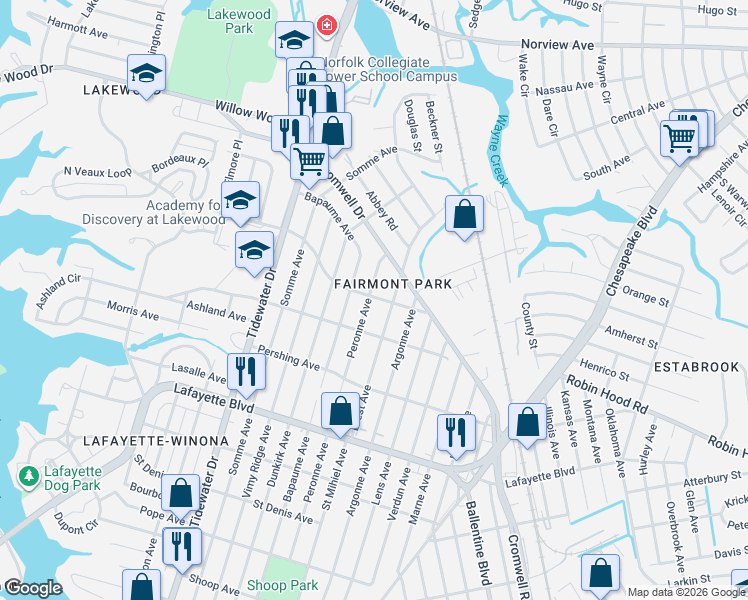 map of restaurants, bars, coffee shops, grocery stores, and more near 3413 Brest Avenue in Norfolk