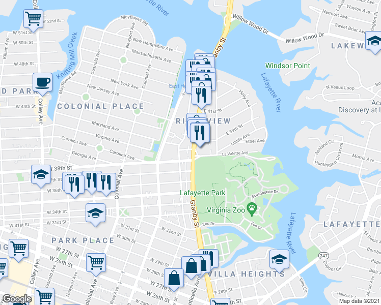 map of restaurants, bars, coffee shops, grocery stores, and more near 3721 Granby Street in Norfolk