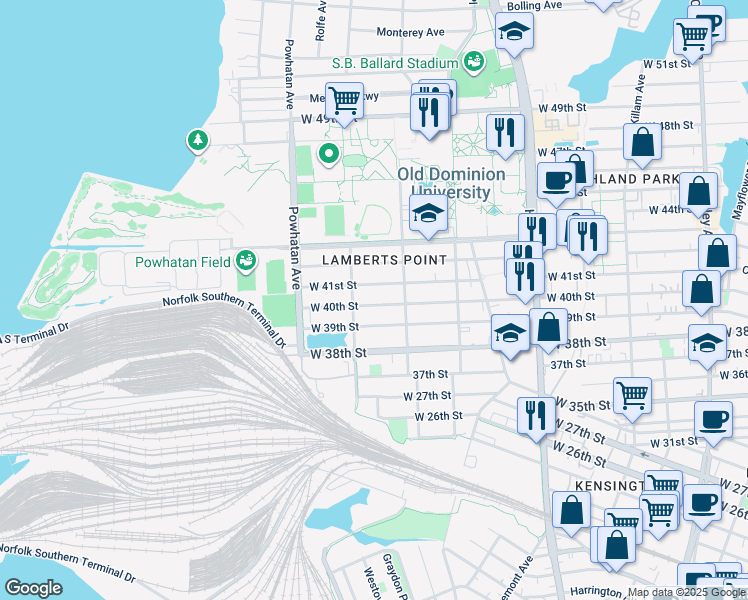 map of restaurants, bars, coffee shops, grocery stores, and more near 1438 West 39th Street in Norfolk
